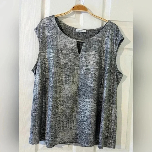 Calvin Klein Women Tank Top Gray Silver Metallic Keyhole Sleeveless Stretch Sz L - Picture 1 of 6